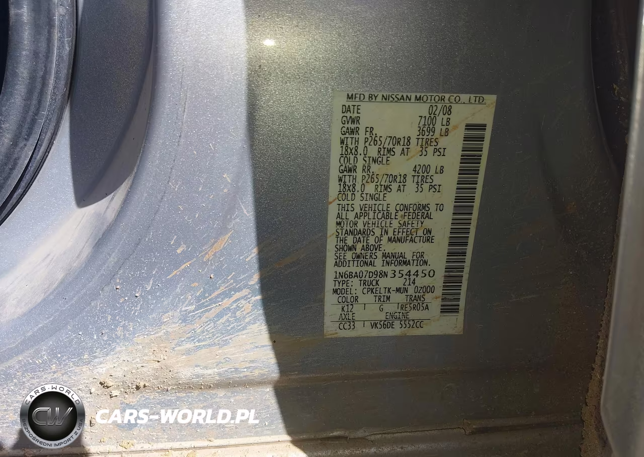2008 Nissan Titan Se VIN:1N6BA07D98N354450 - 9
