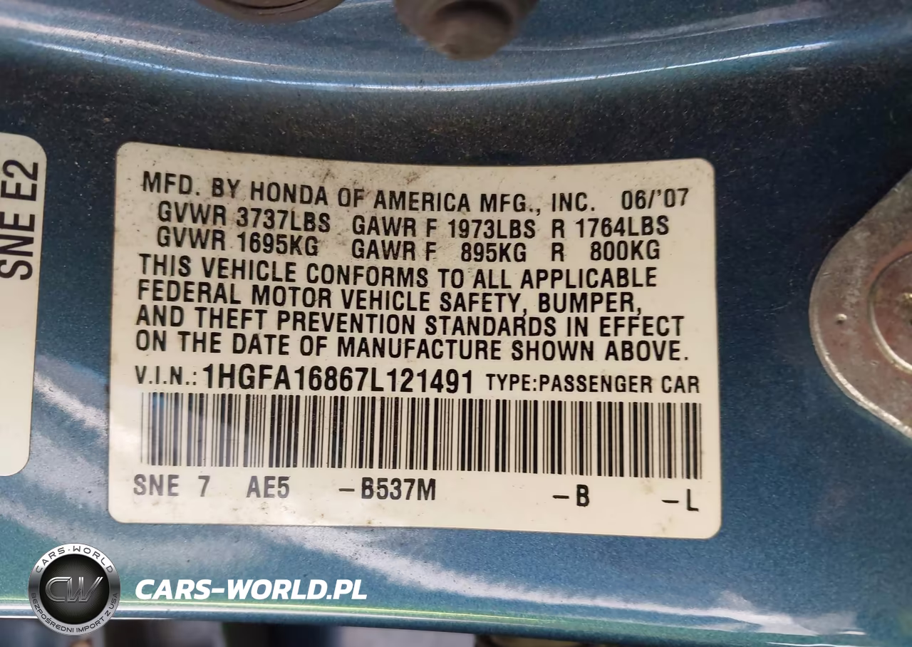 2007 Honda Civic Ex VIN:1HGFA16867L121491 - 9