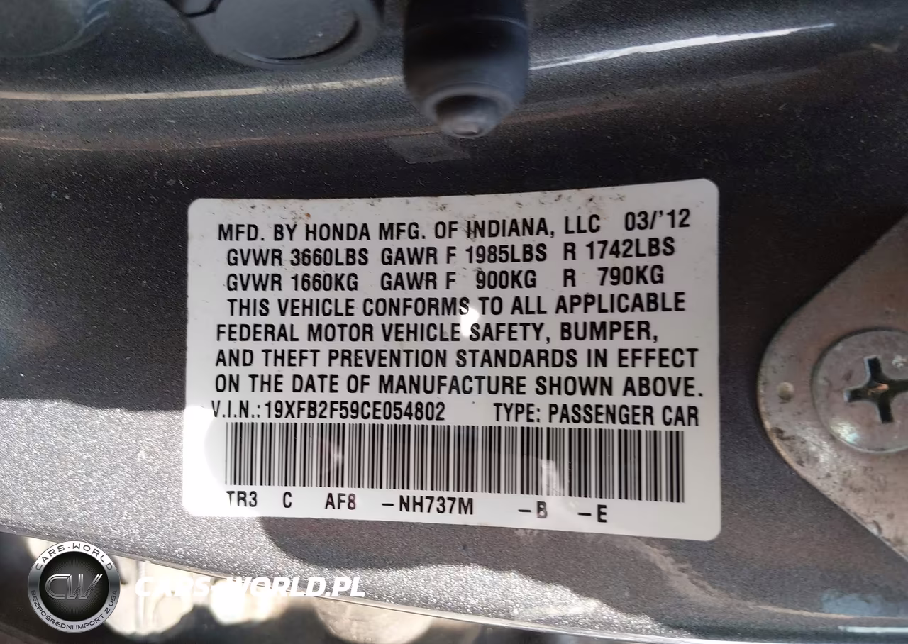 2012 Honda Civic Lx VIN:19XFB2F59CE054802 - 9