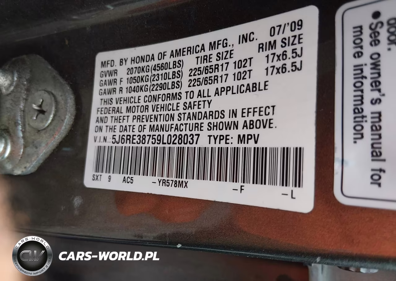 2009 Honda Cr-V Ex-L VIN:5J6RE38759L028037 - 9