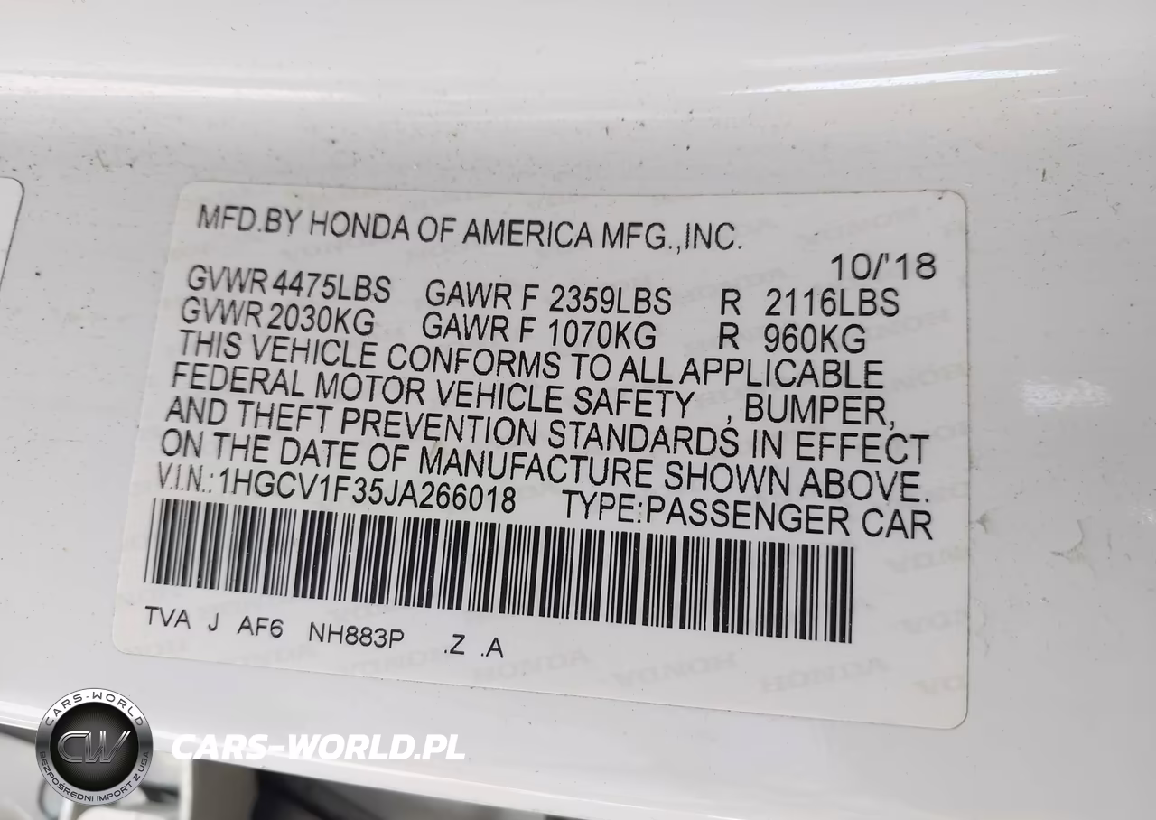 2018 Honda Accord Sport VIN:1HGCV1F35JA266018 - 9