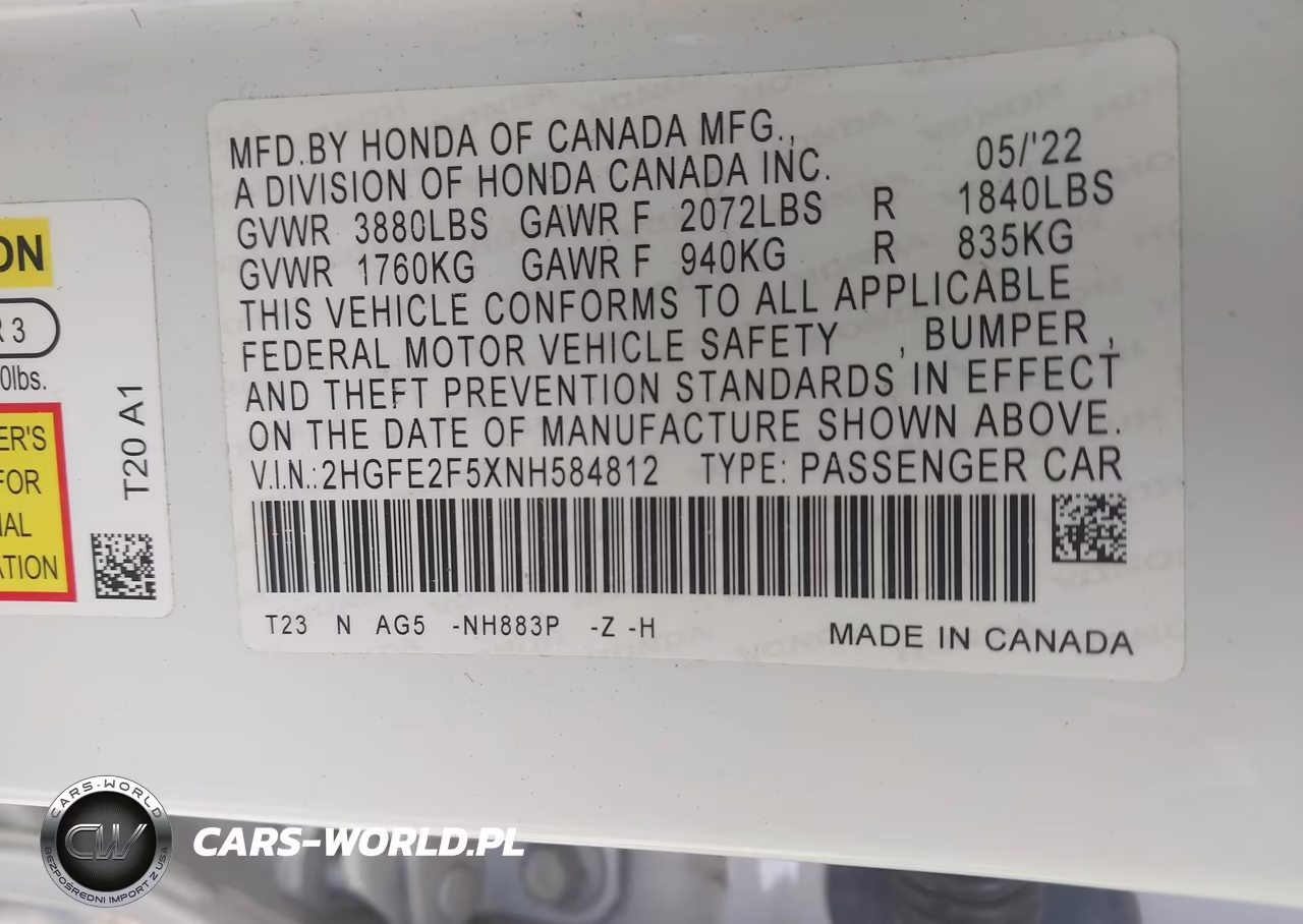 2022 Honda Civic Sport VIN:2HGFE2F5XNH584812 - 9