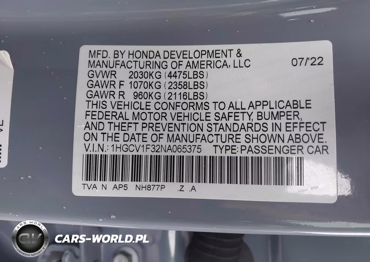 2022 Honda Accord Sport VIN:1HGCV1F32NA065375 - 9