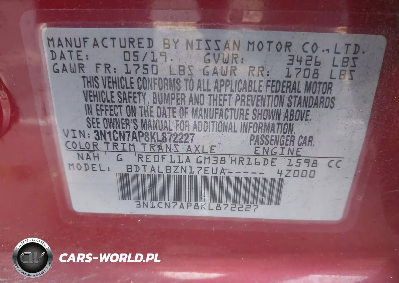 2019 Nissan Versa 1.6 Sv VIN:3N1CN7AP8KL872227 - 9