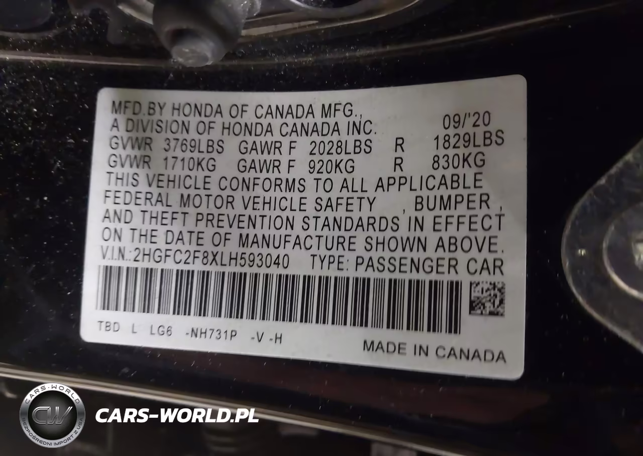2020 Honda Civic Sport VIN:2HGFC2F8XLH593040 - 9