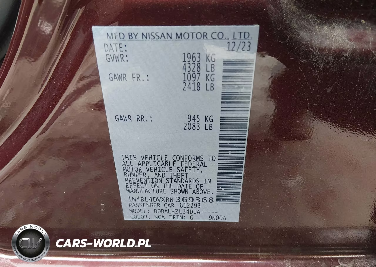 2024 Nissan Altima Sv Fwd VIN:1N4BL4DVXRN369368 - 9
