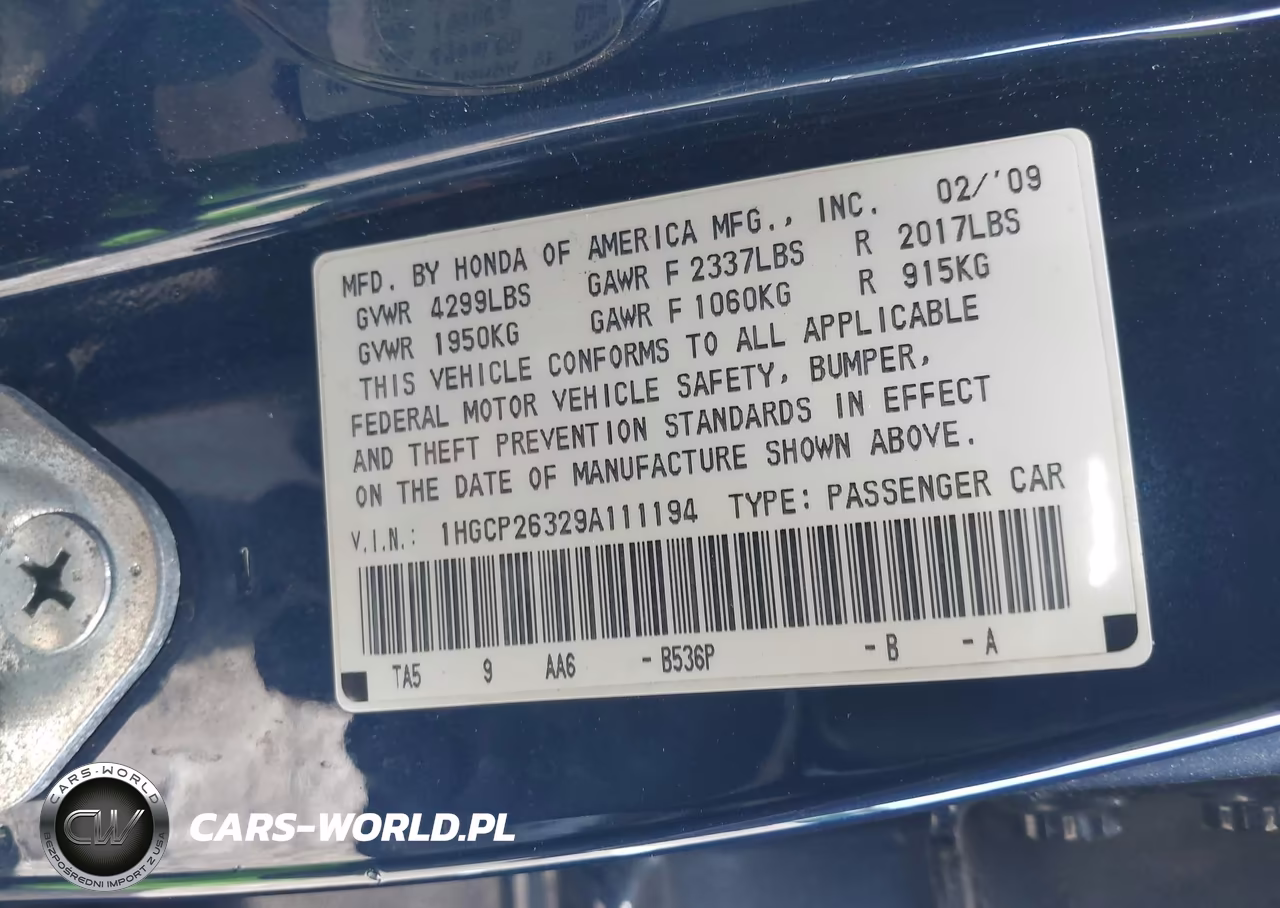 2009 Honda Accord 2.4 Lx VIN:1HGCP26329A111194 - 9