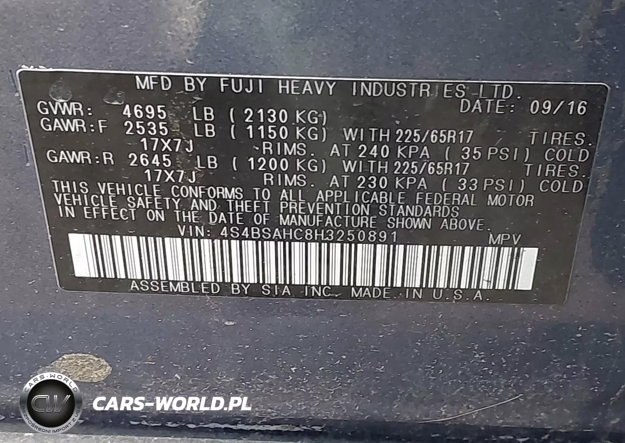 2017 Subaru Outback 2.5I Premium VIN:4S4BSAHC8H3250891 - 9