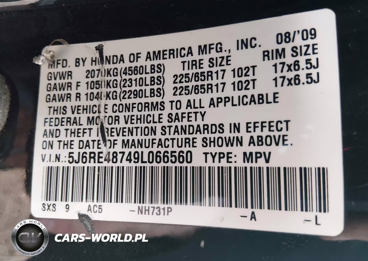 2009 Honda Cr-V Ex-L VIN:5J6RE48749L066560 - 9