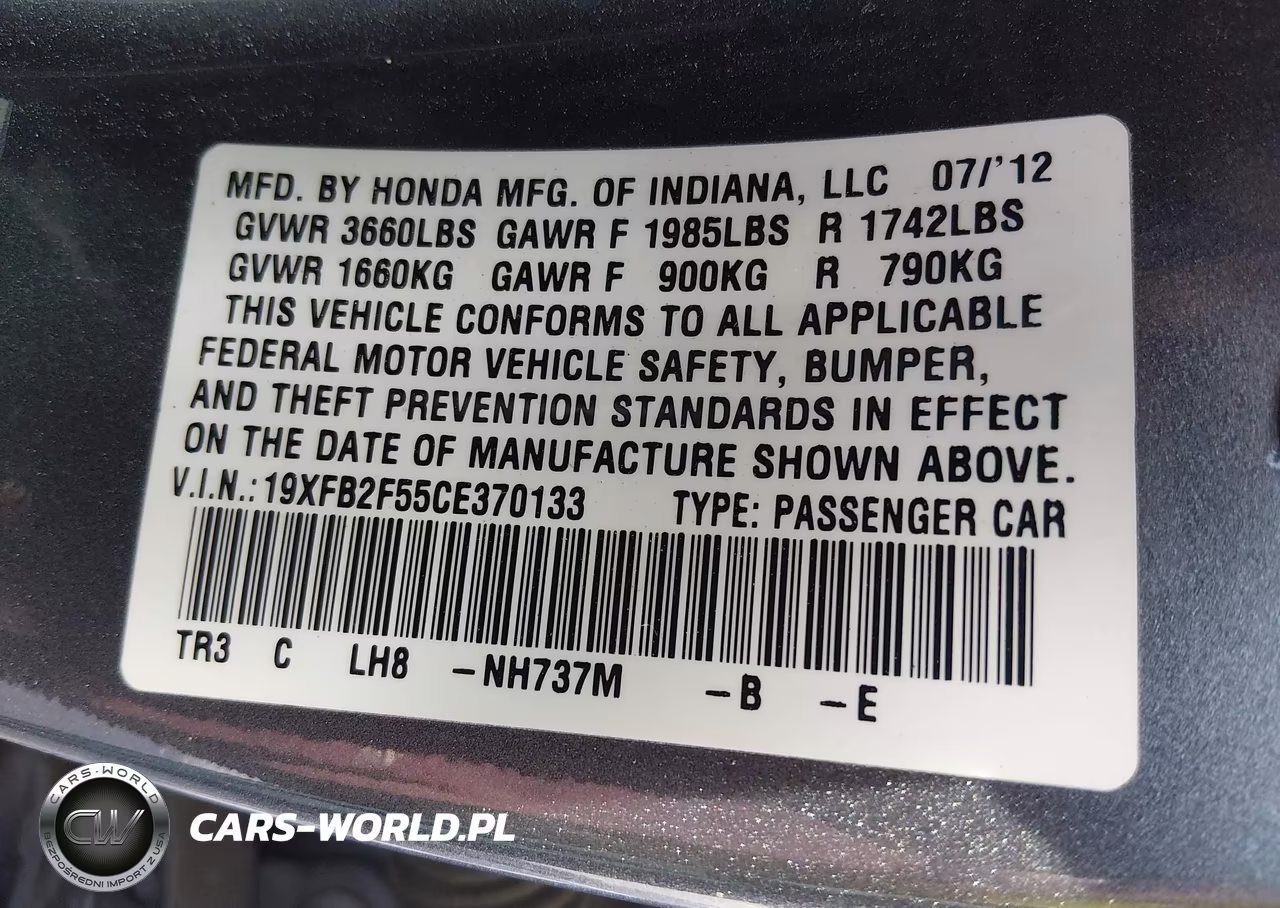 2012 Honda Civic Lx VIN:19XFB2F55CE370133 - 9