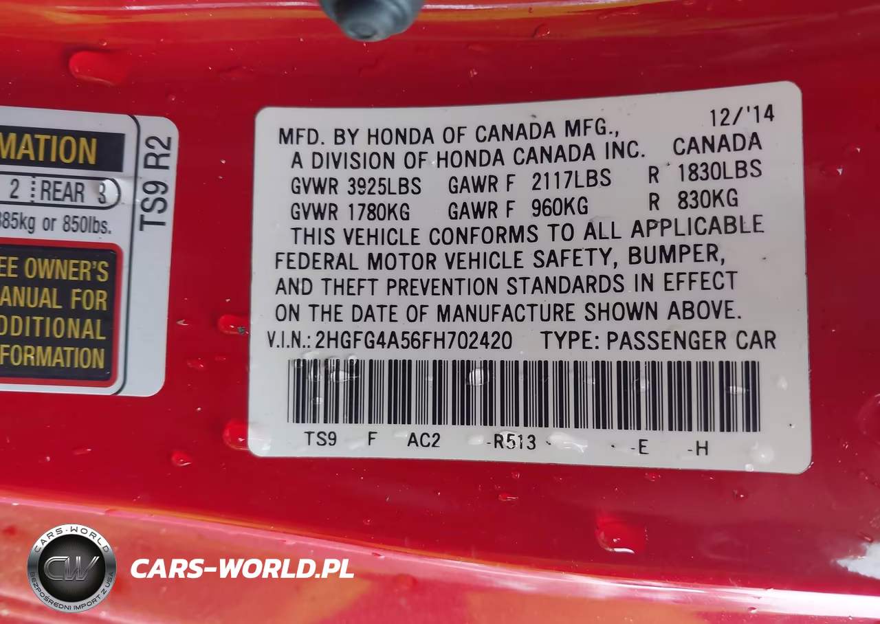 2015 Honda Civic Si VIN:2HGFG4A56FH702420 - 9