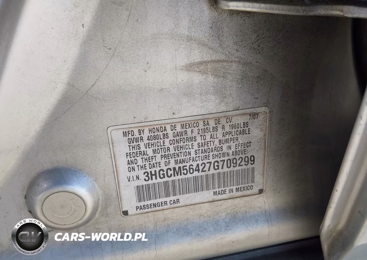 2007 Honda Accord 2.4 Lx VIN:3HGCM56427G709299 - 9