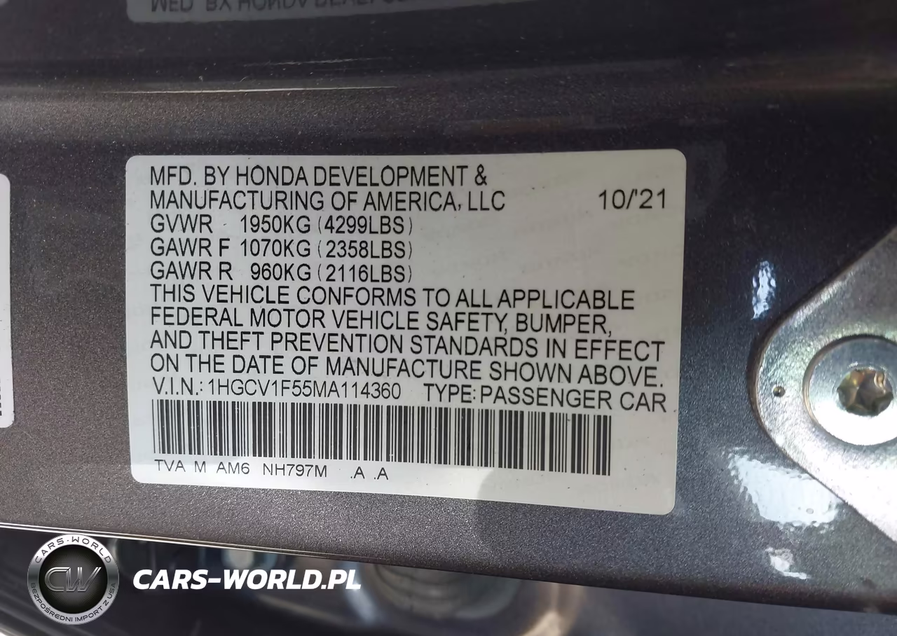 2021 Honda Accord Ex-L VIN:1HGCV1F55MA114360 - 9