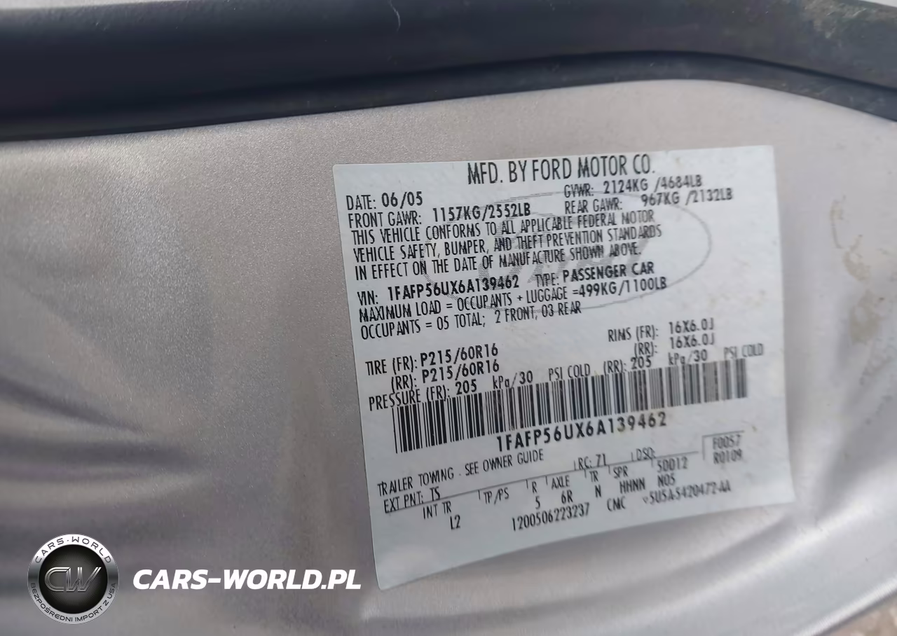 2006 Ford Taurus Sel VIN:1FAFP56UX6A139462 - 9
