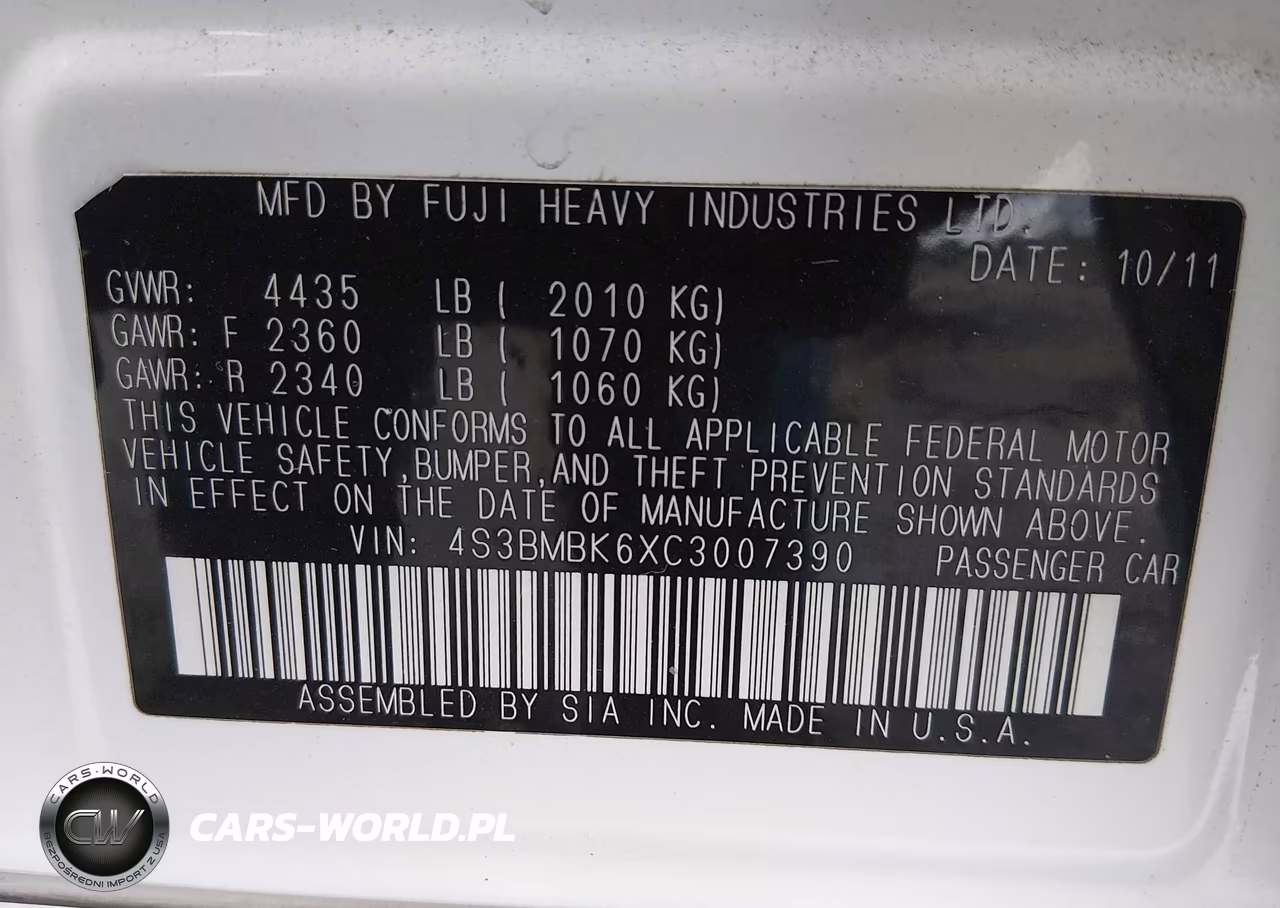2012 Subaru Legacy 2.5I Limited VIN:4S3BMBK6XC3007390 - 9