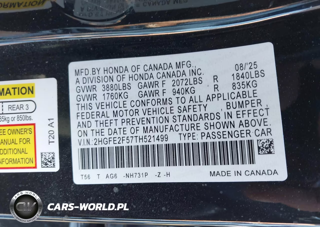 2026 Honda Civic Sport VIN:2HGFE2F57TH521499 - 9