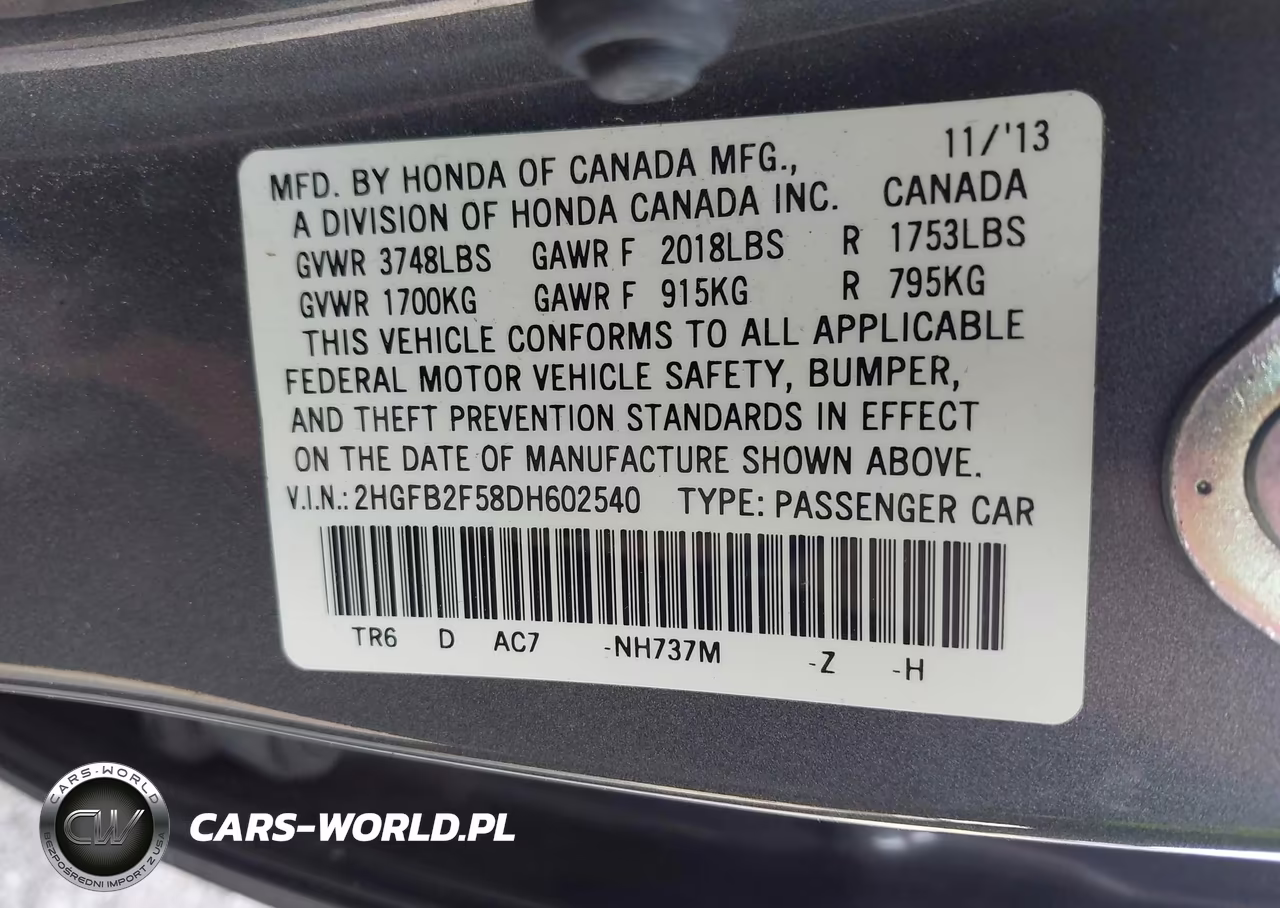 2013 Honda Civic Lx VIN:2HGFB2F58DH602540 - 9