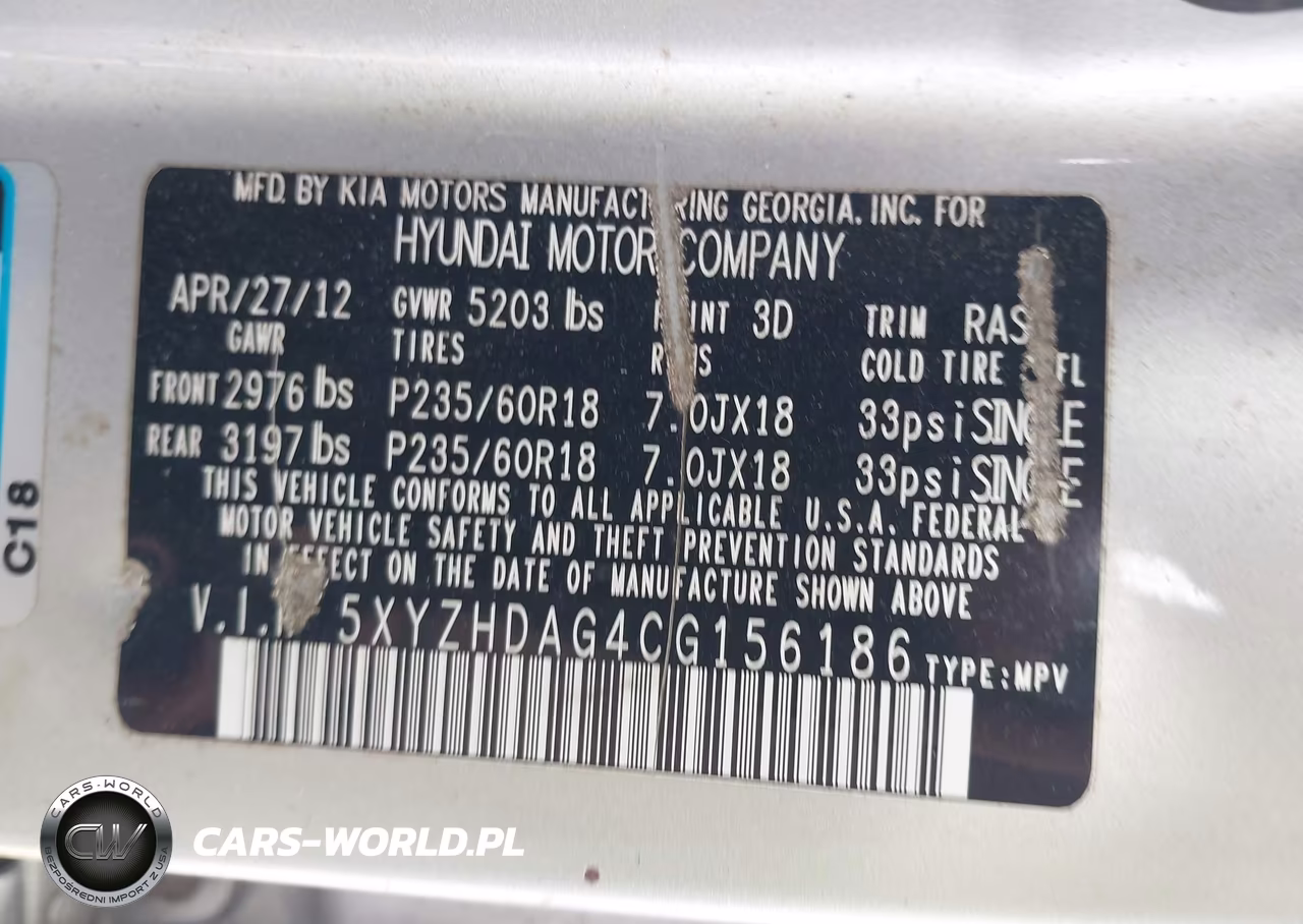 2012 Hyundai Santa Fe Se VIN:5XYZHDAG4CG156186 - 9