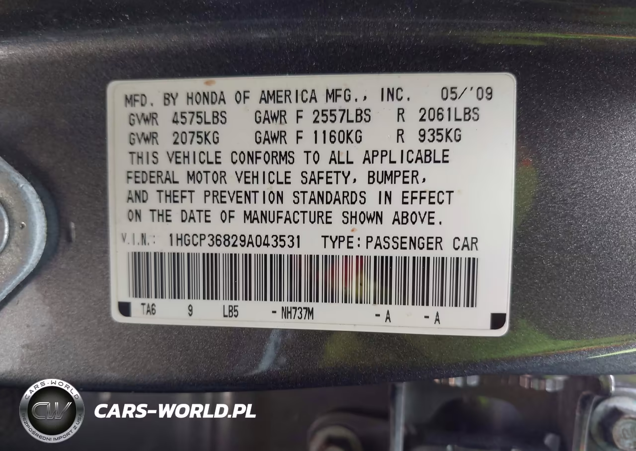 2009 Honda Accord 3.5 Ex-L VIN:1HGCP36829A043531 - 9