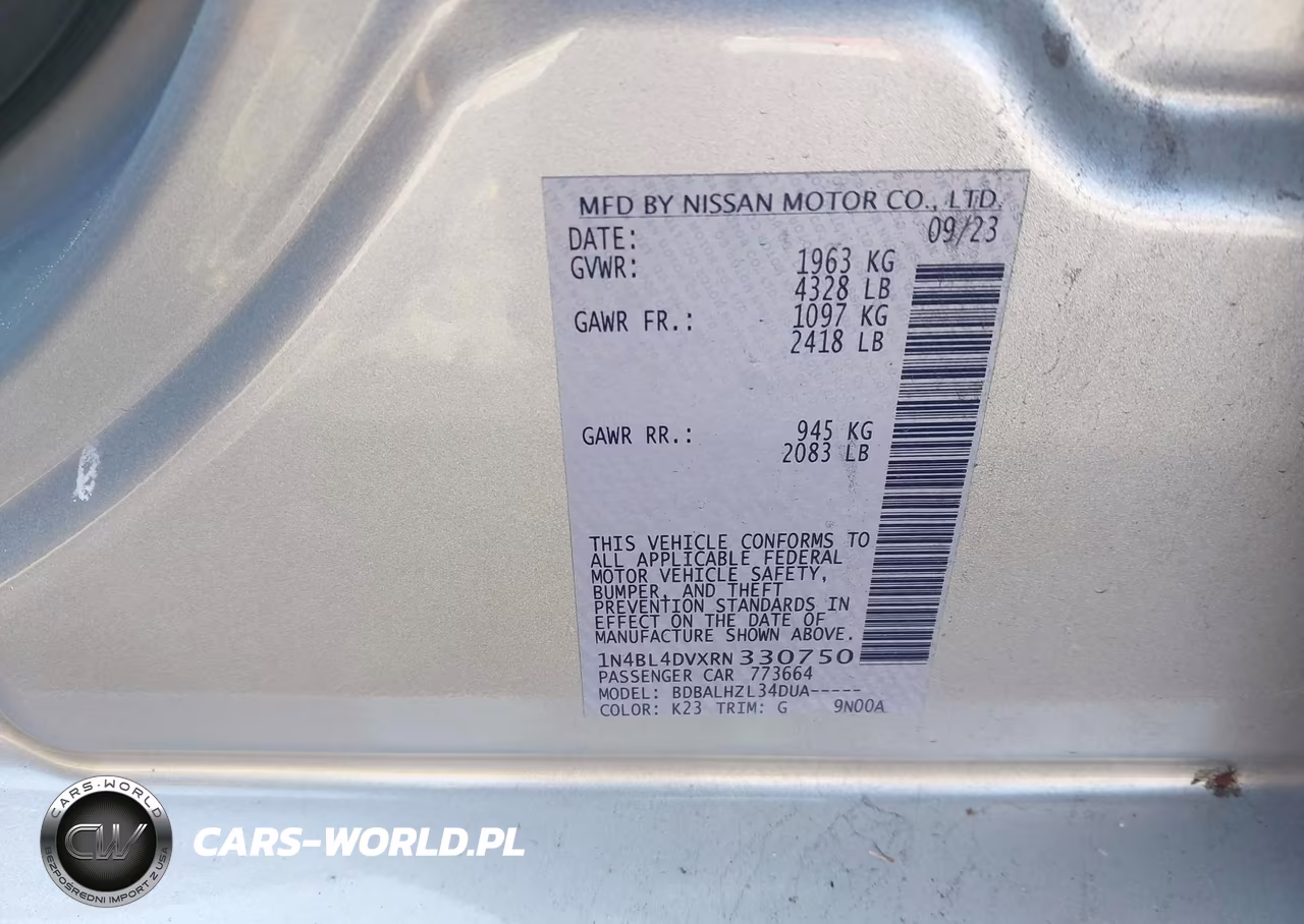 2024 Nissan Altima Sv Fwd VIN:1N4BL4DVXRN330750 - 9