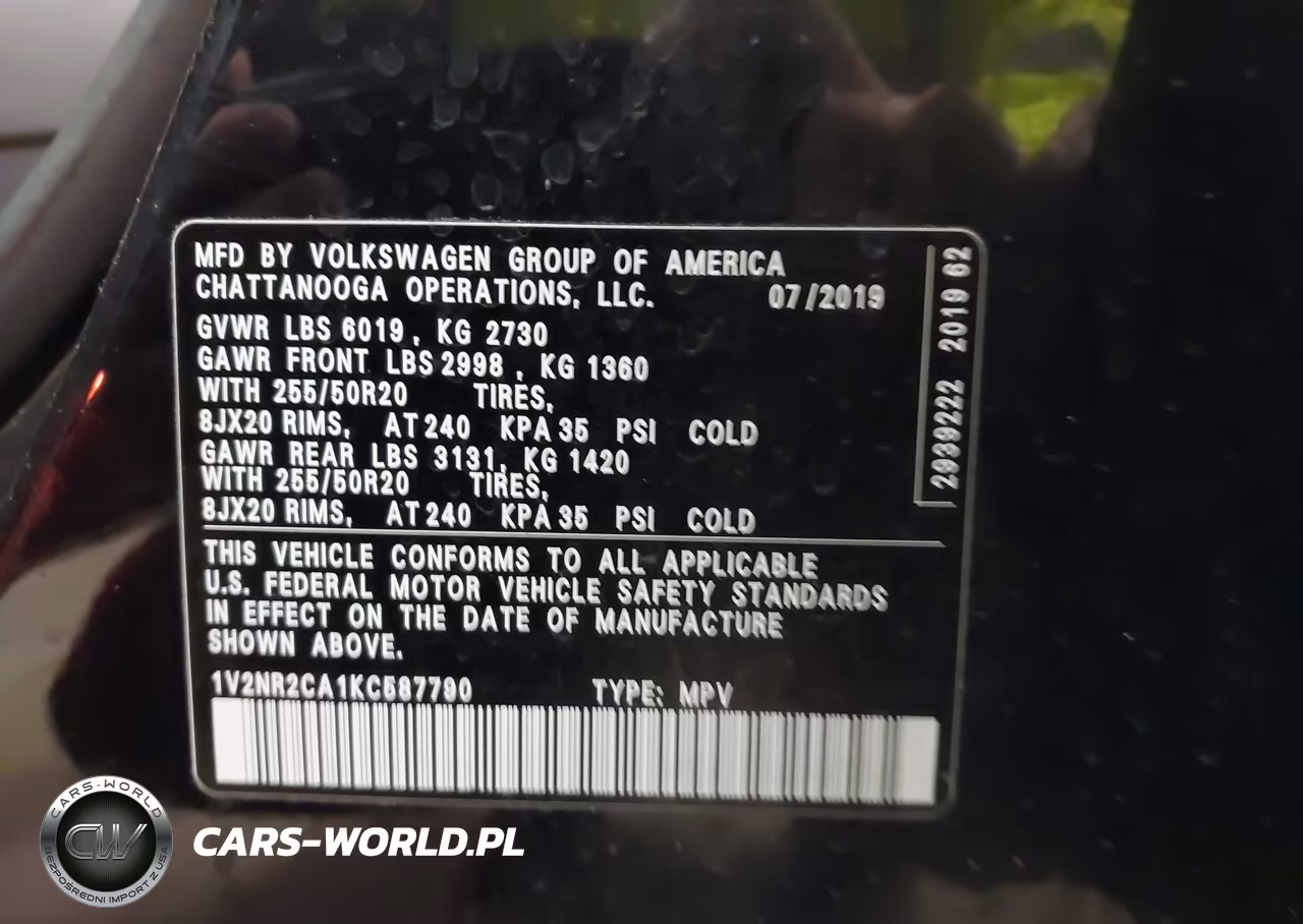 2019 Volkswagen Atlas 3.6L V6 Sel Premium VIN:1V2NR2CA1KC587790 - 9