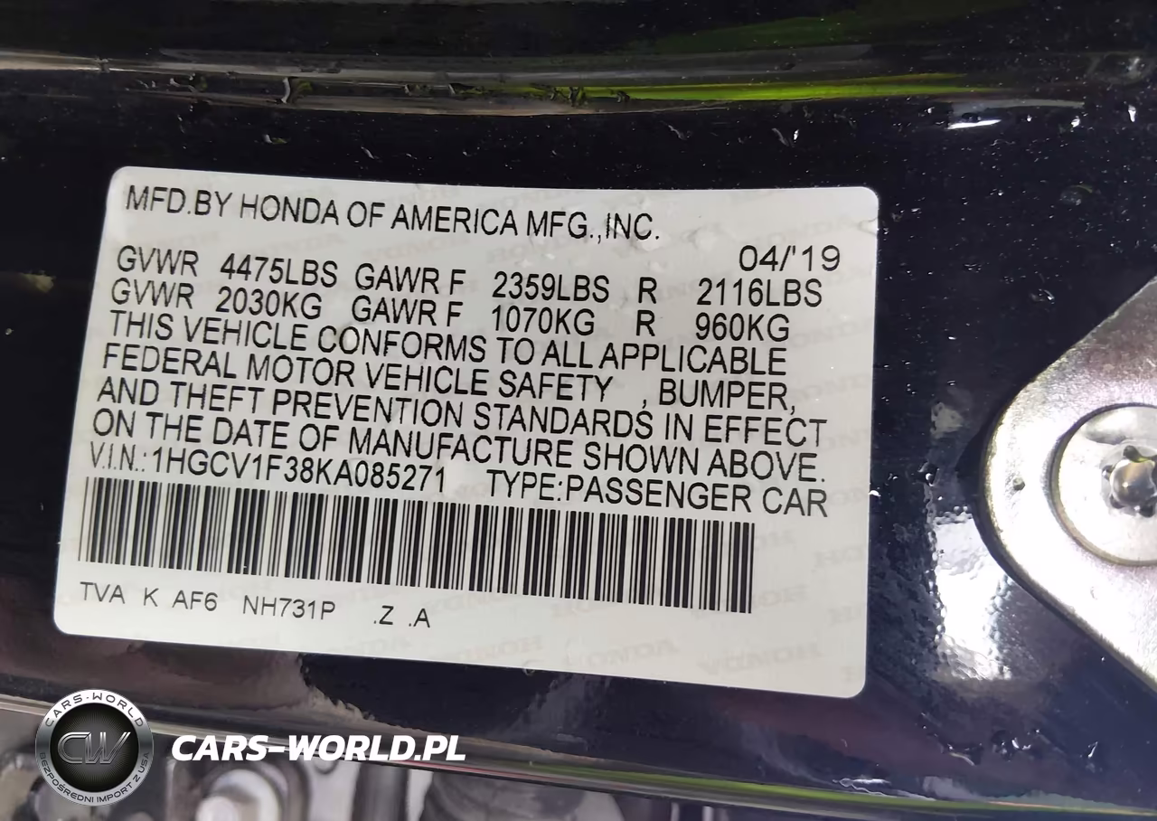 2019 Honda Accord Sport VIN:1HGCV1F38KA085271 - 9