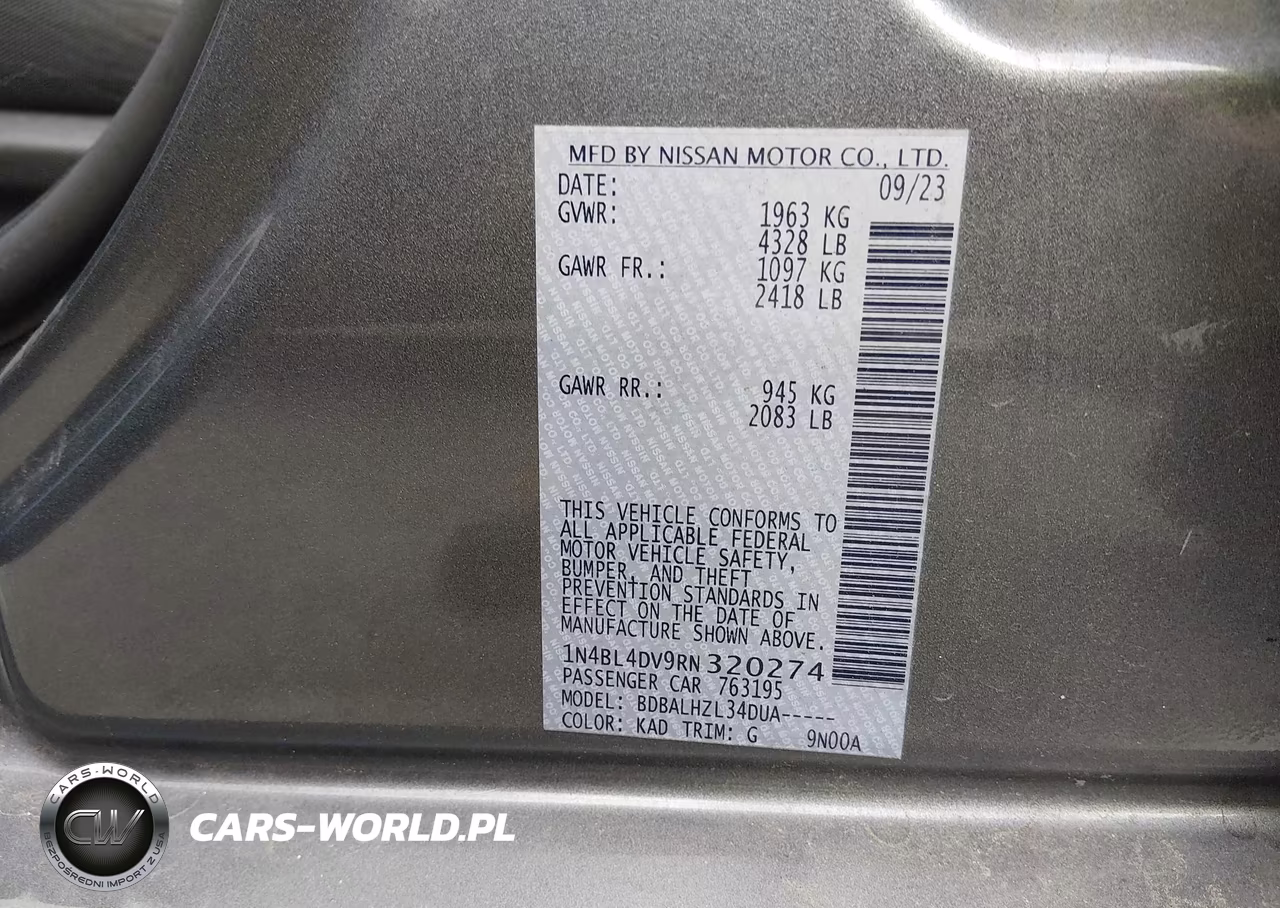 2024 Nissan Altima Sv Fwd VIN:1N4BL4DV9RN320274 - 9