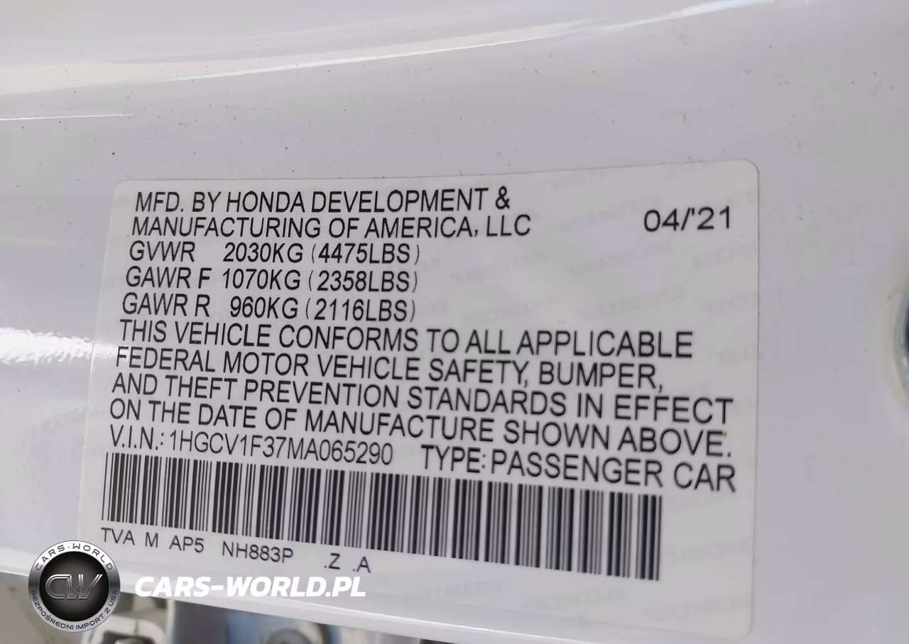 2021 Honda Accord Sport VIN:1HGCV1F37MA065290 - 9