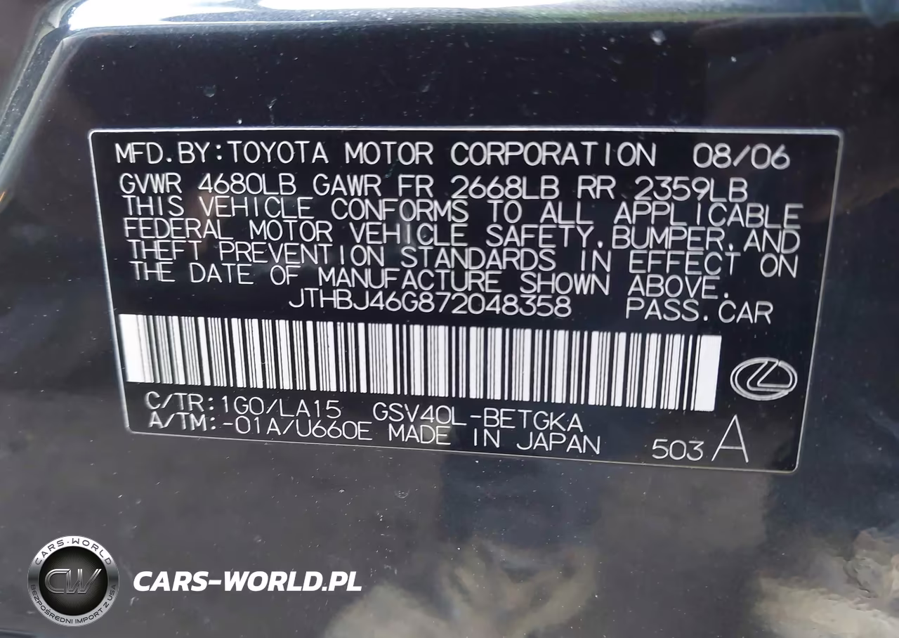 2007 Lexus Es 350 VIN:JTHBJ46G872048358 - 9