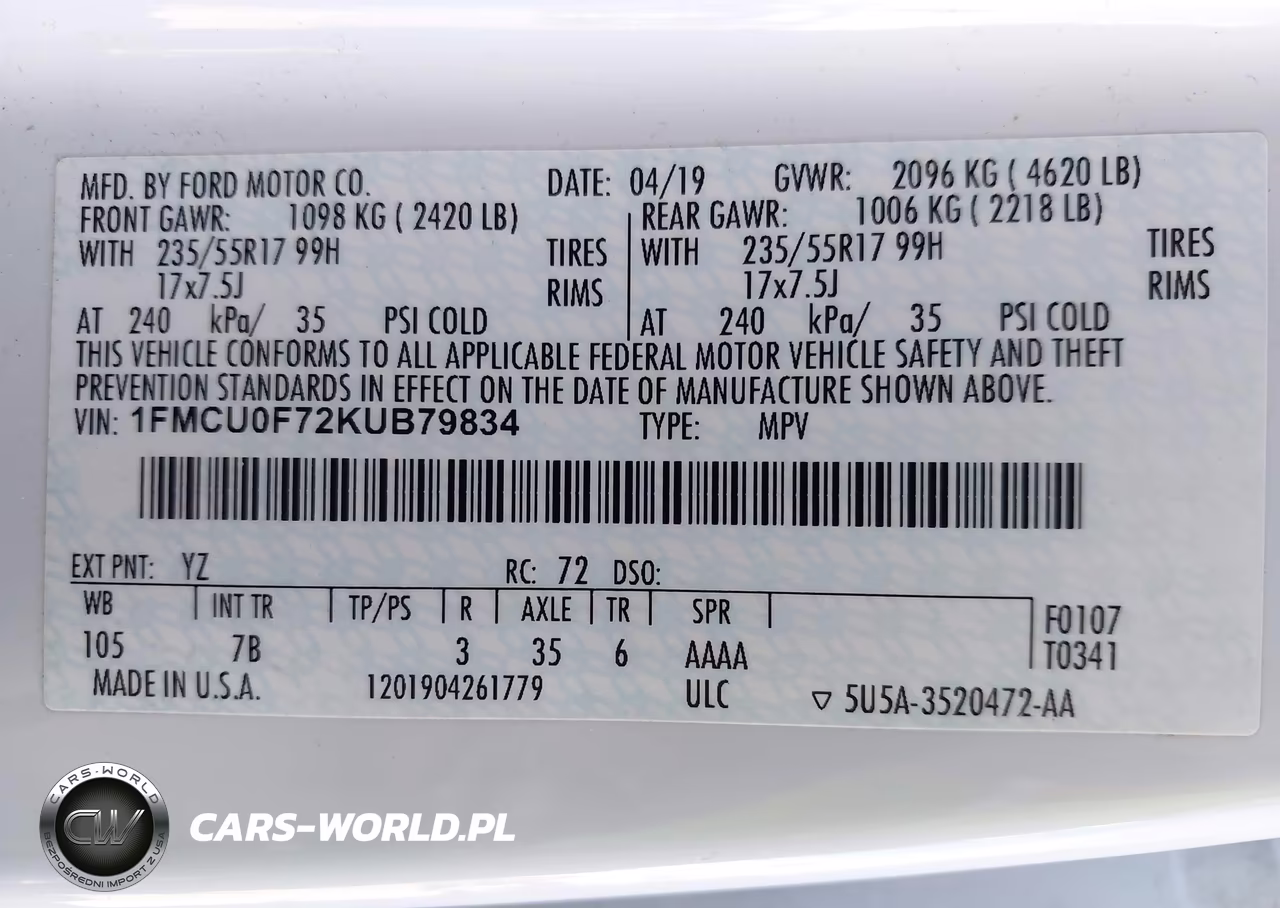 2019 Ford Escape S VIN:1FMCU0F72KUB79834 - 9