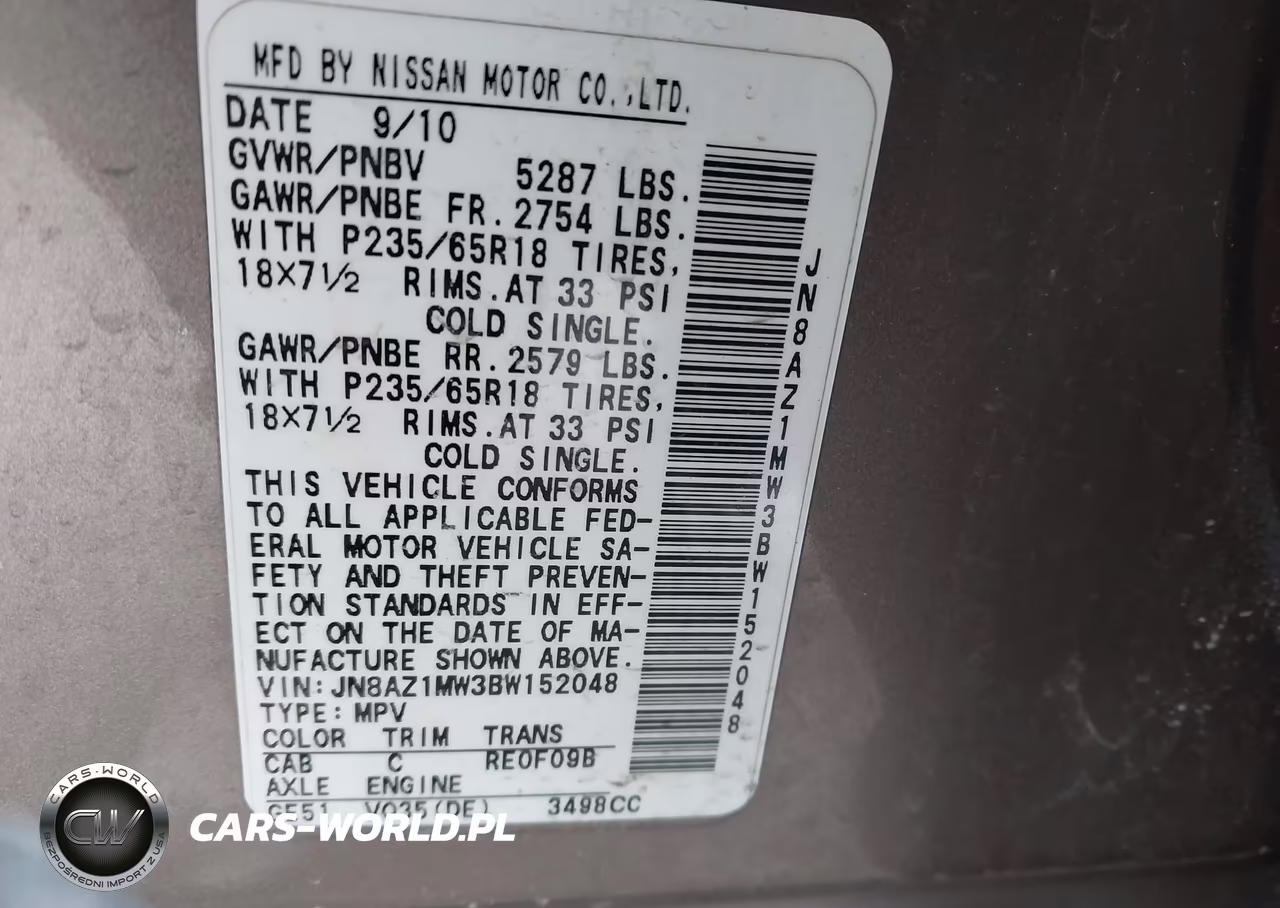 2011 Nissan Murano Sv VIN:JN8AZ1MW3BW152048 - 9