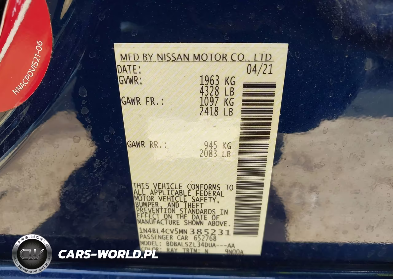 2021 Nissan Altima Sr Fwd VIN:1N4BL4CV5MN385231 - 9
