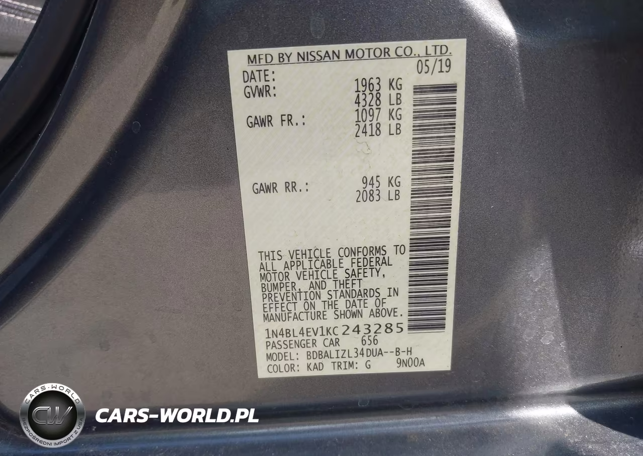 2019 Nissan Altima 2.5 Sl VIN:1N4BL4EV1KC243285 - 9