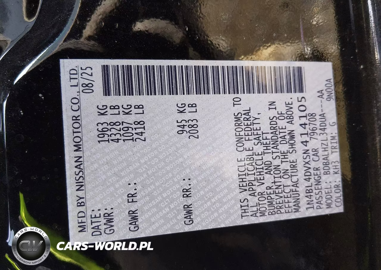 2025 Nissan Altima Sv Fwd VIN:1N4BL4DVXSN414105 - 9