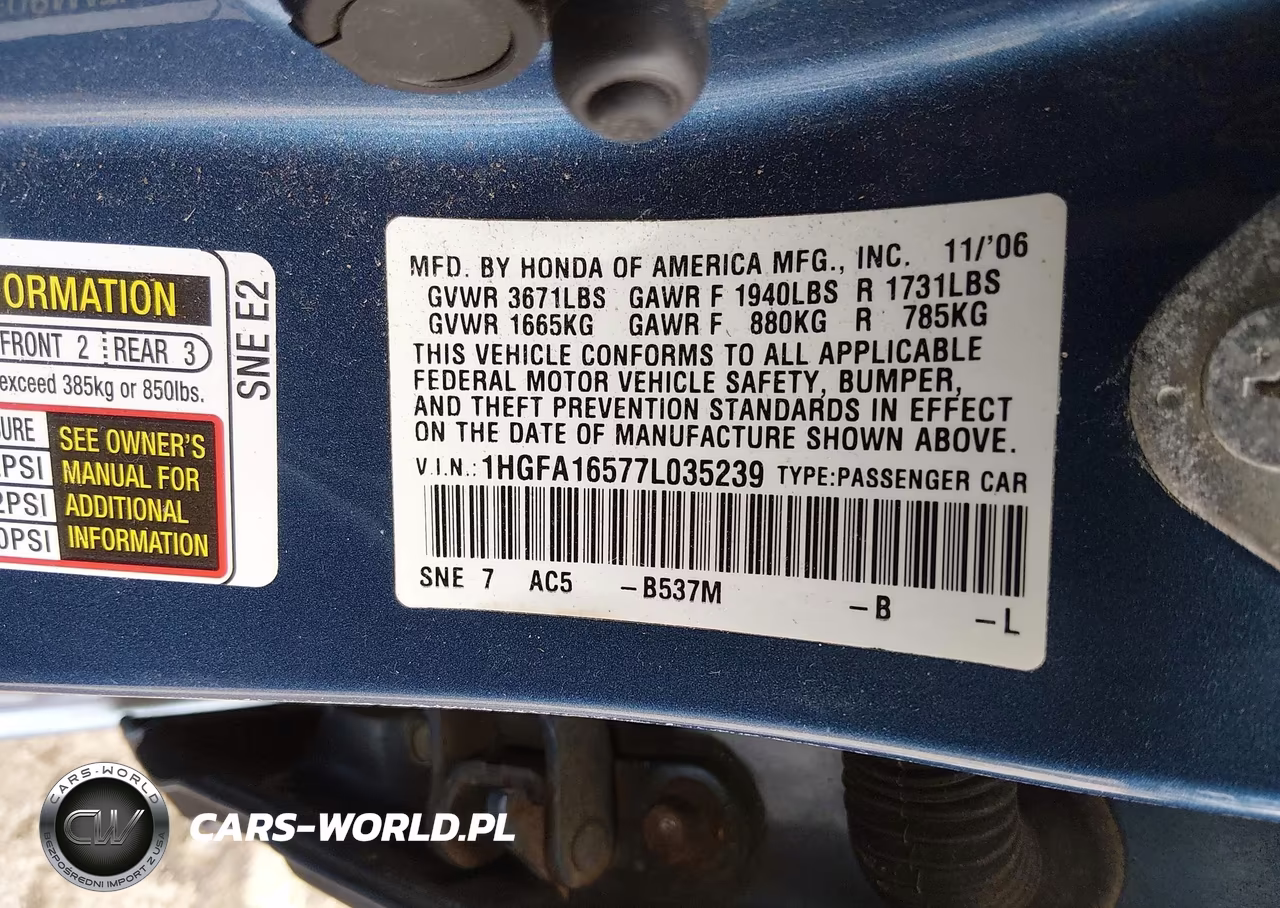 2007 Honda Civic Lx VIN:1HGFA16577L035239 - 9