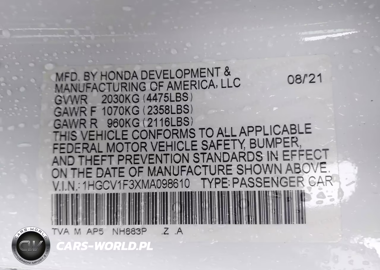 2021 Honda Accord Sport VIN:1HGCV1F3XMA098610 - 9