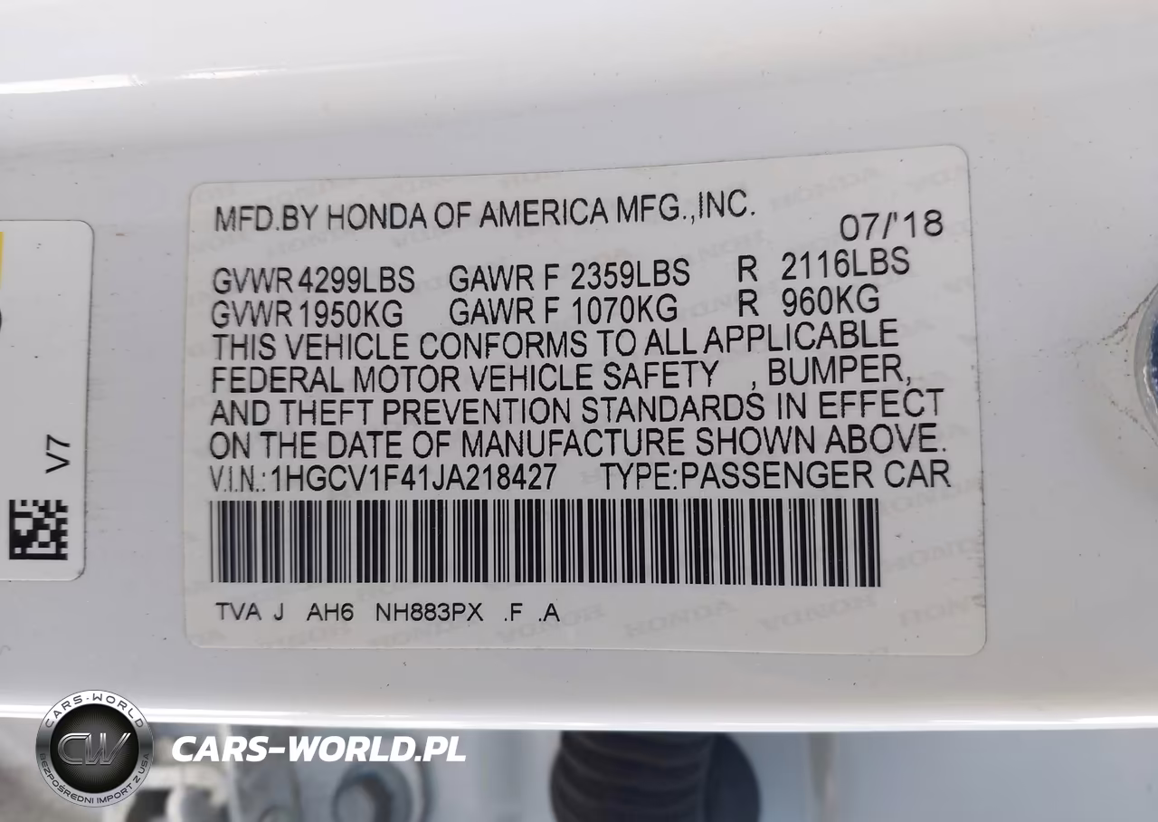 2018 Honda Accord Ex VIN:1HGCV1F41JA218427 - 9