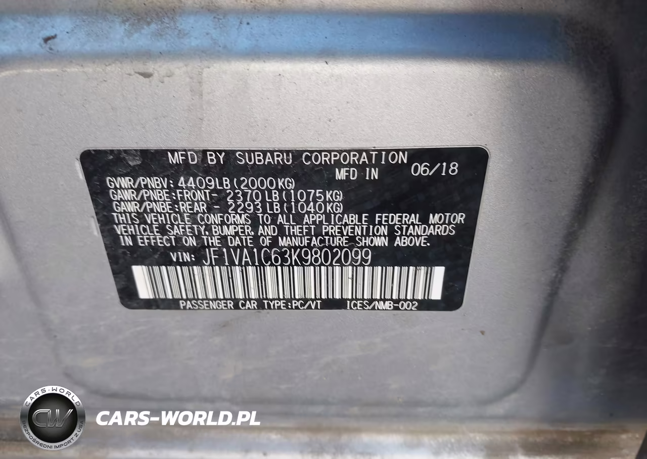 2019 Subaru Wrx Premium VIN:JF1VA1C63K9802099 - 9