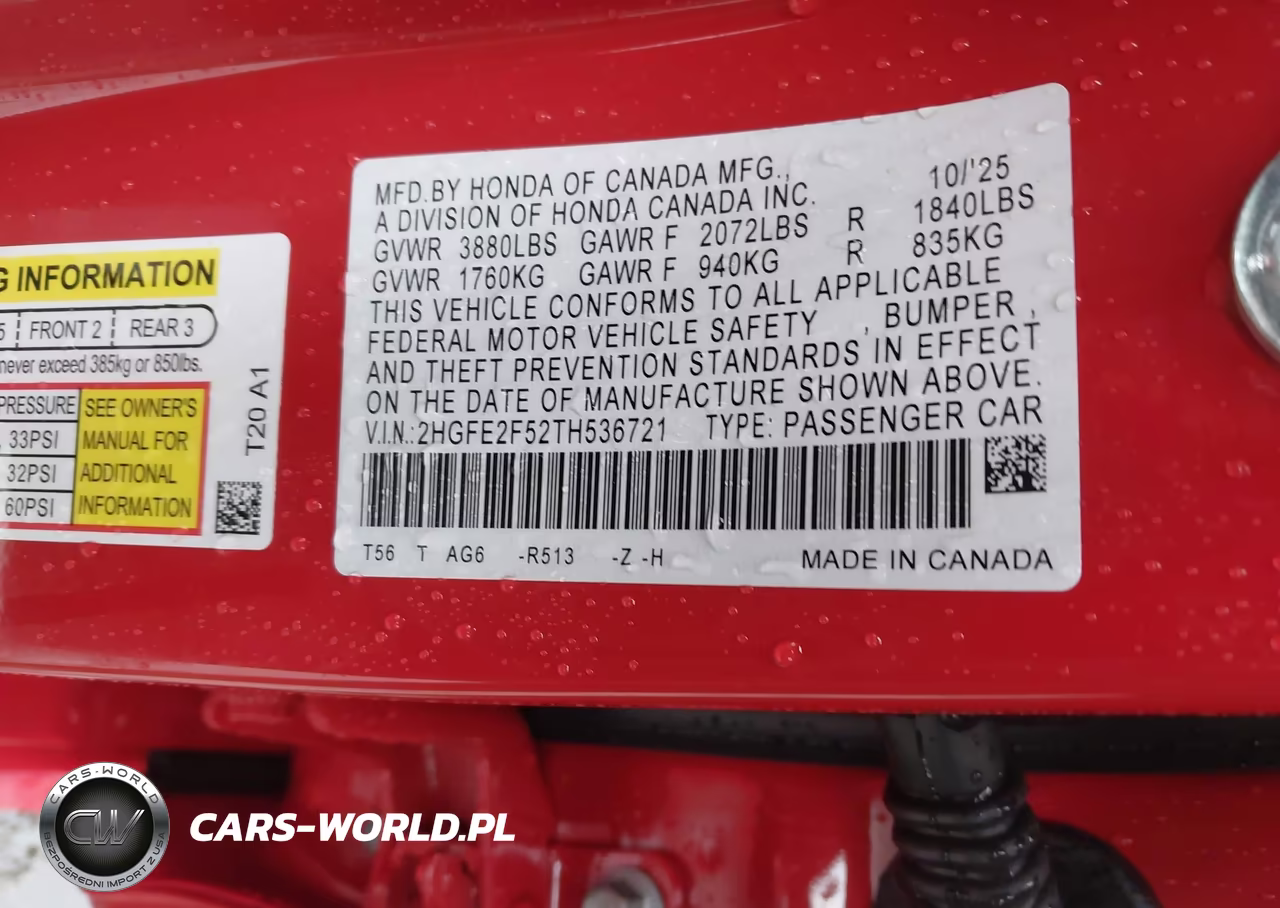 2026 Honda Civic Sport VIN:2HGFE2F52TH536721 - 9