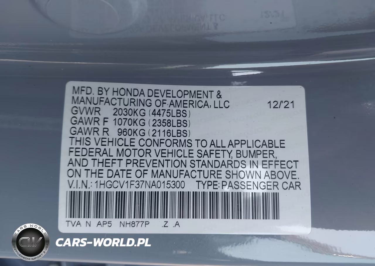 2022 Honda Accord Sport VIN:1HGCV1F37NA015300 - 9