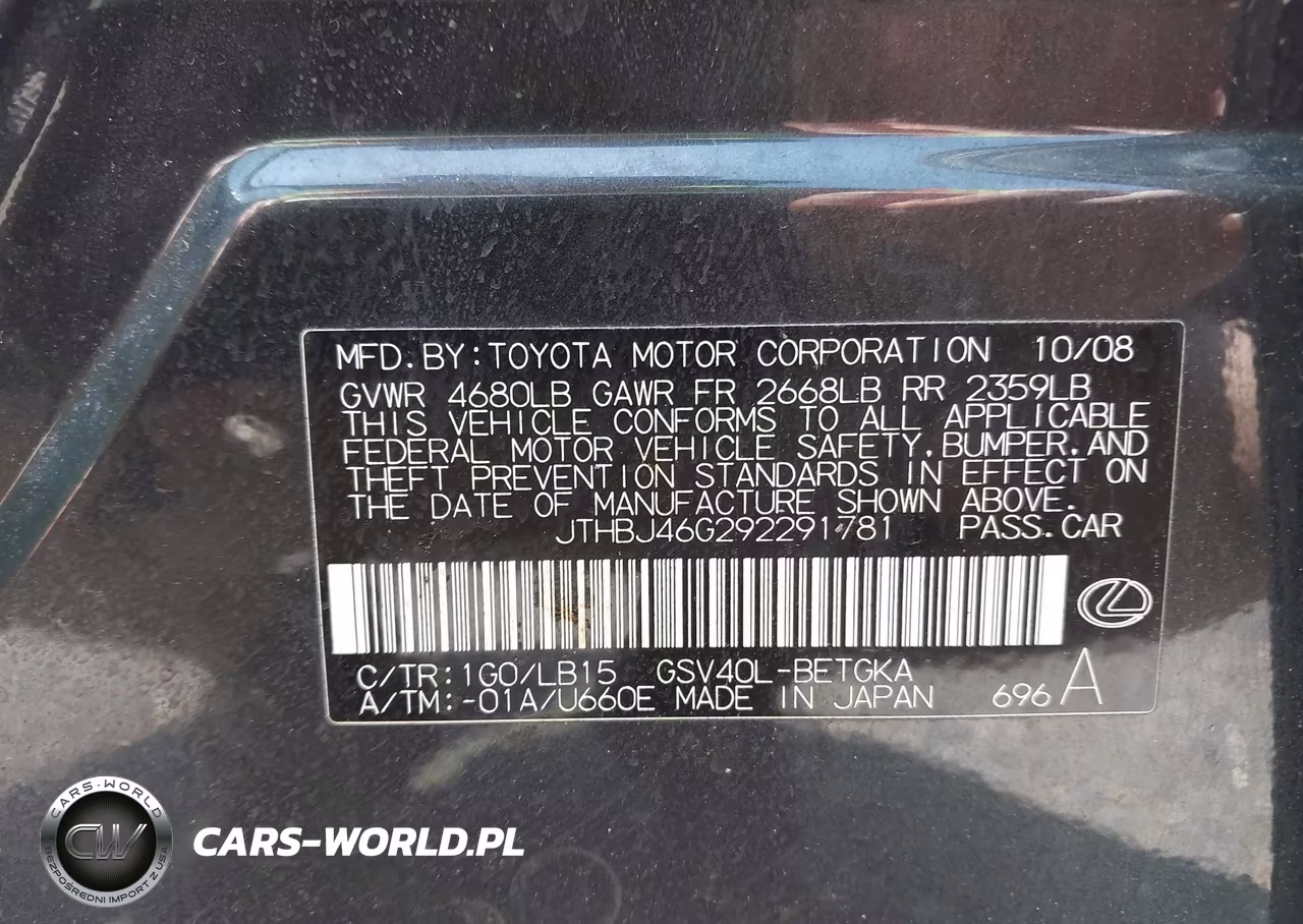 2009 Lexus Es 350 VIN:JTHBJ46G292291781 - 9