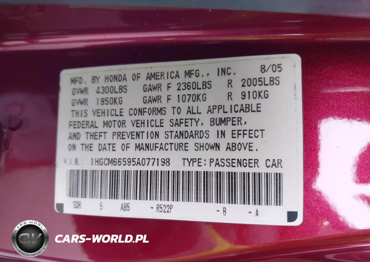 2005 Honda Accord 3.0 Ex VIN:1HGCM66595A077198 - 9