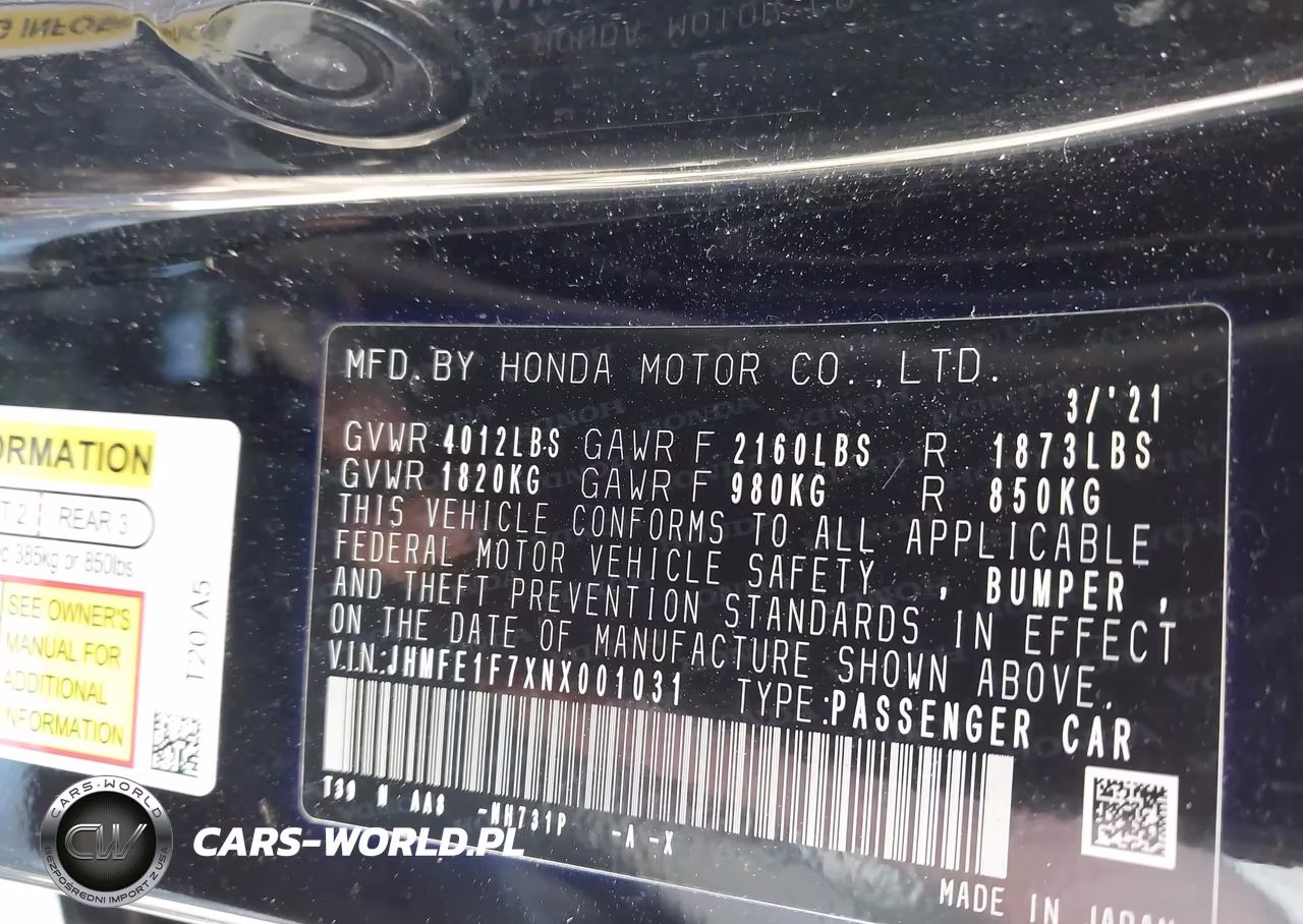 2022 Honda Civic Ex VIN:JHMFE1F7XNX001031 - 9