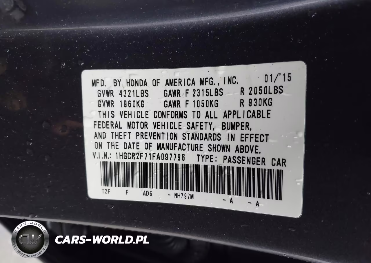 2015 Honda Accord Ex VIN:1HGCR2F71FA097796 - 9