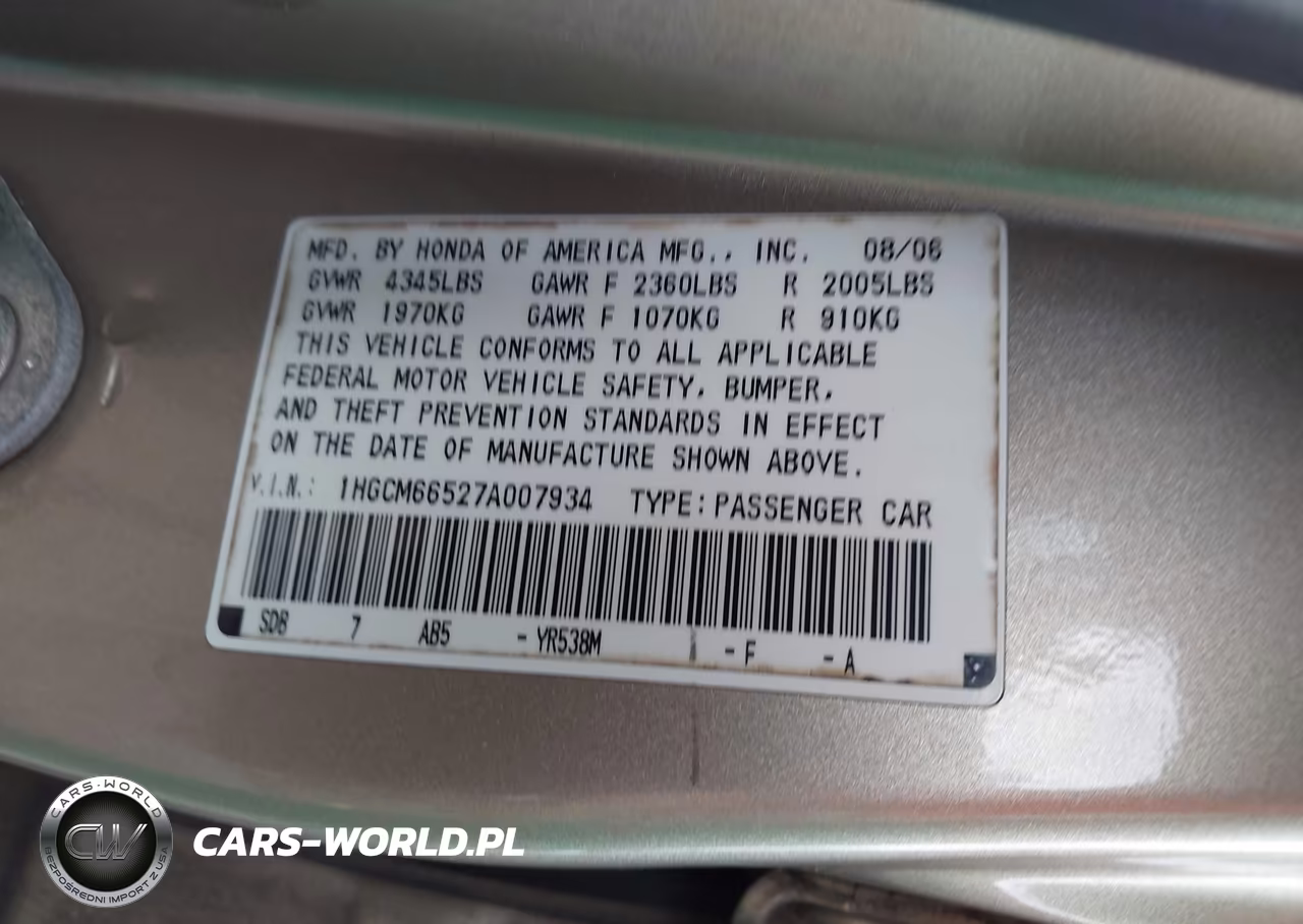 2007 Honda Accord 3.0 Ex VIN:1HGCM66527A007934 - 9