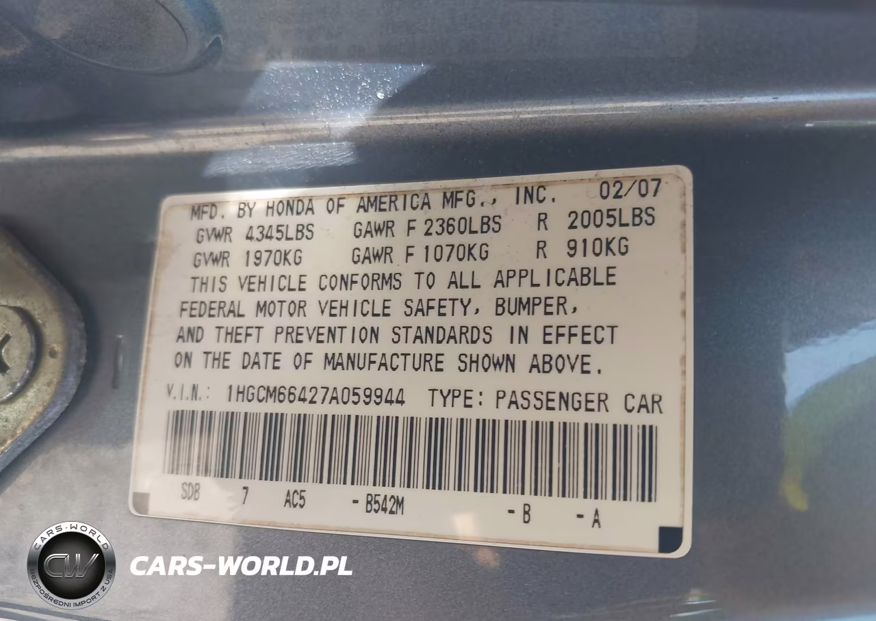 2007 Honda Accord 3.0 Se VIN:1HGCM66427A059944 - 9