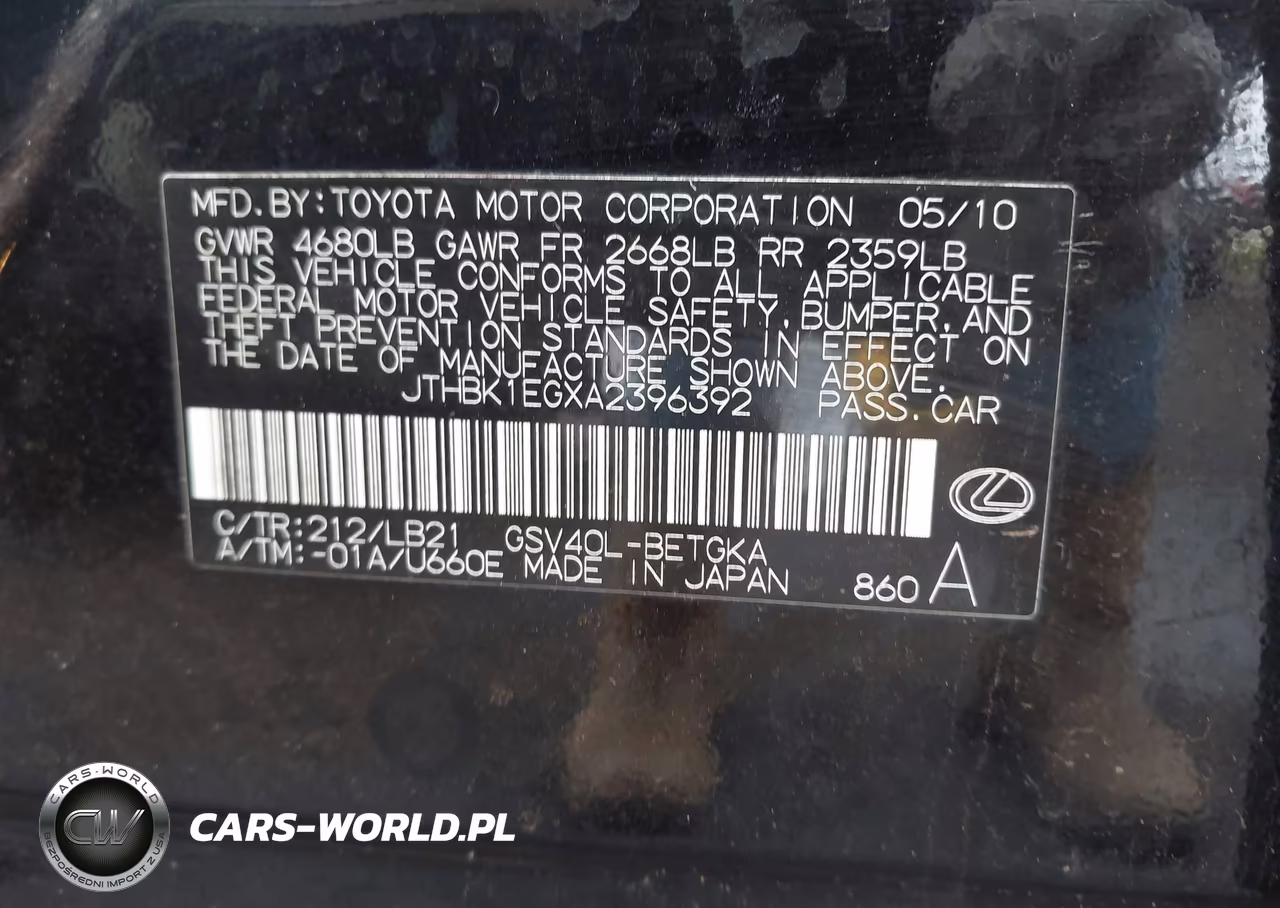2010 Lexus Es 350 VIN:JTHBK1EGXA2396392 - 9