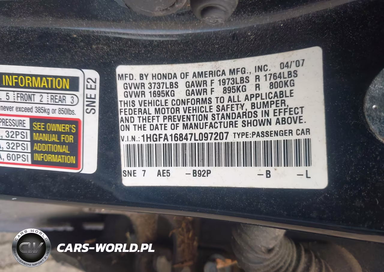 2007 Honda Civic Ex VIN:1HGFA16847L097207 - 9