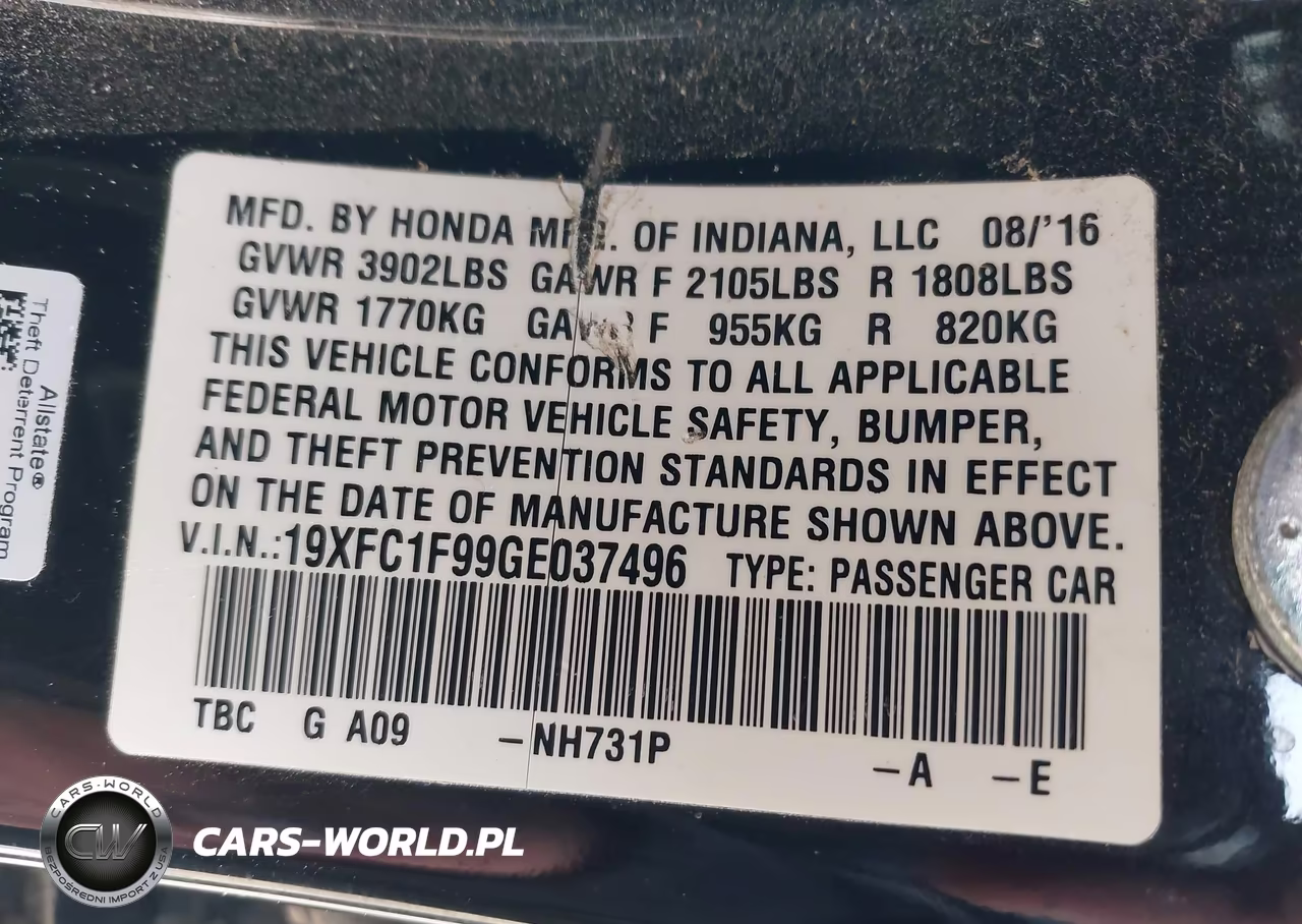2016 Honda Civic Touring VIN:19XFC1F99GE037496 - 9