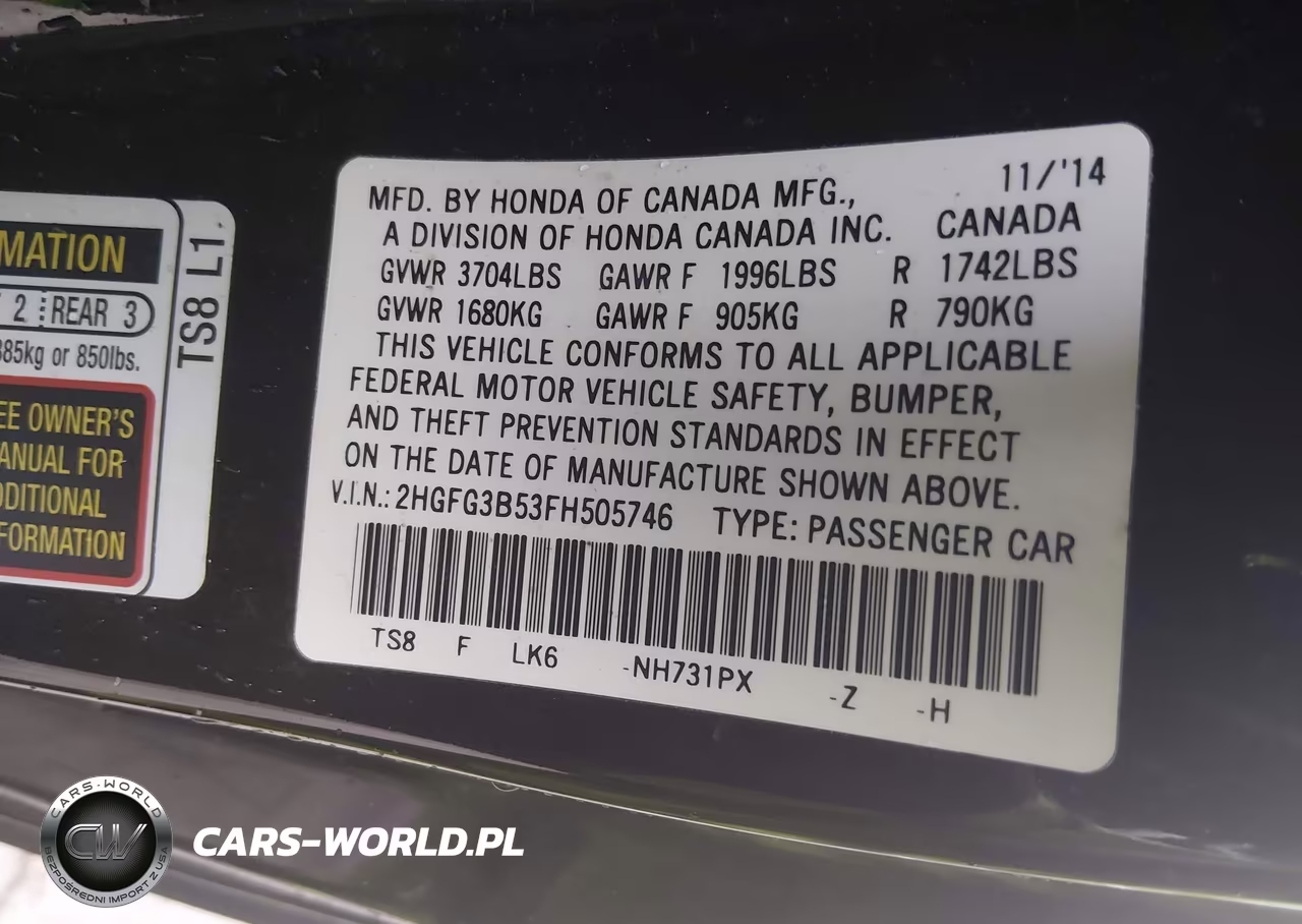 2015 Honda Civic Lx VIN:2HGFG3B53FH505746 - 9